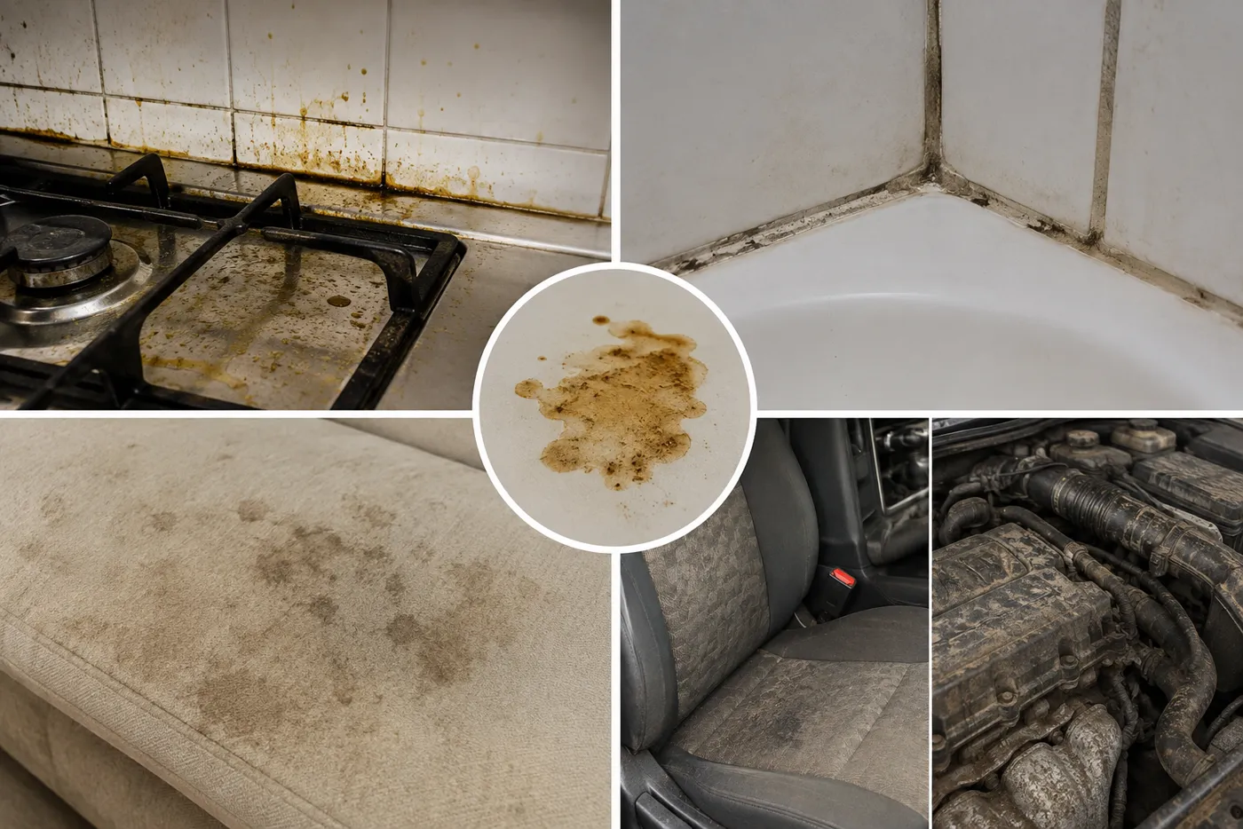 Suciedad acumulada en cocina, baño, sofá, interior de auto y motor